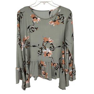 Gibson Gray Floral Scoop-Neck Bell-Sleeve Flowy Crepe Top Sz. S
